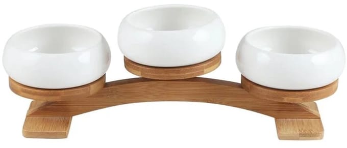 Bavary – chubby snackschalen – 3-delig – met houten boogstandaard – wit & hout
