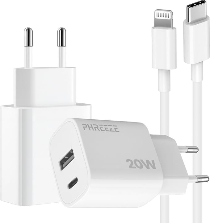 Phreeze usb C adapter 20 W met MFI gecertificeerde Lightning kabel geschikt voor iPhone en iPad - Snellader met 2 poorten