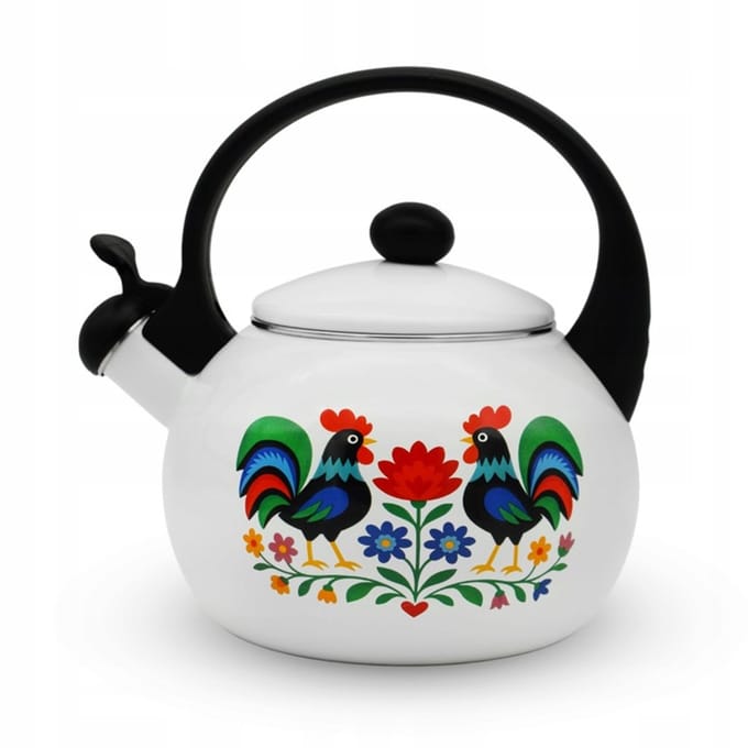Meyerhoff White Folk fluitketel 2,2L – Emaille inductie fluitketel – Traditioneel folk design met kip – Wit