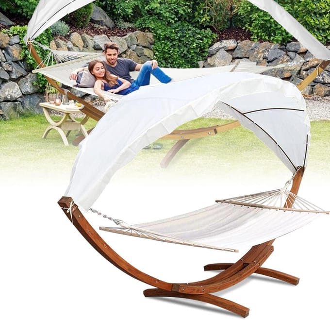 Hangmat met frame - Dubbele hangmat - Buiten ontspannen - Met afneembaar dak - 200 x 150 cm - Wit