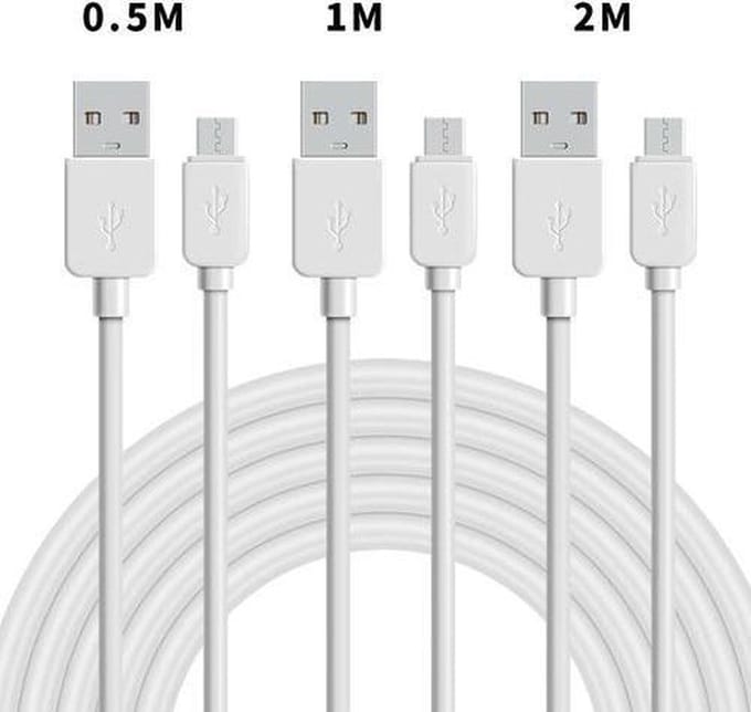 NÖRDIC USB-A naar Micro-USB kabel - 3 stuks - Set van 0.5m, 1m en 2m - 2.0 oplaadkabel - 2,4 A - 480 Mbps - Wit