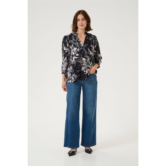 Blouse met lange mouwen A-shape Black/White Painted Flower floral