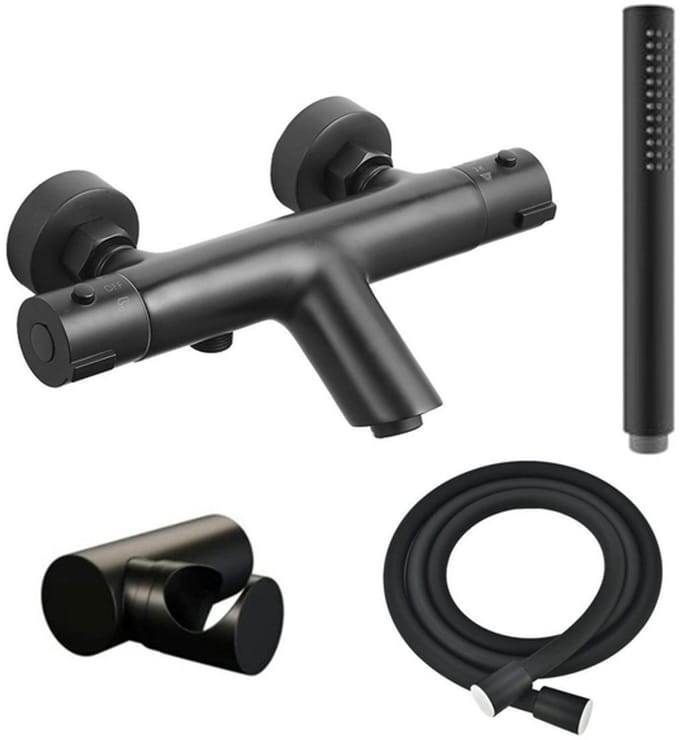 FugaFlow Efficiente Sobrado thermostatische bad-/douchekraan met handdouchehouder, doucheslang en staaf handdouche mat zwart -