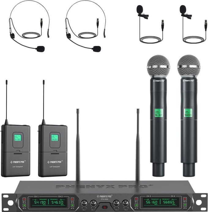 Professioneel 4-kanaals UHF Draadloos Microfoonsysteem met Handheld, Lavalier en Hoofdtelefoon Microfoons