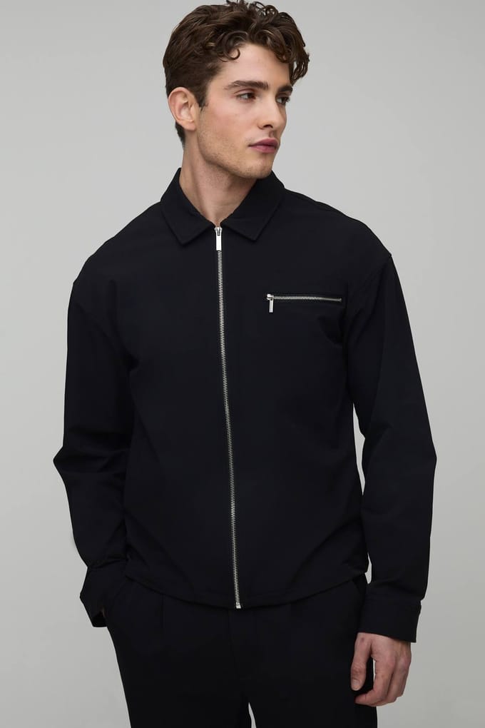 Regular Technical Stretch Zip Pocket Overshirt | Black | Size Medium