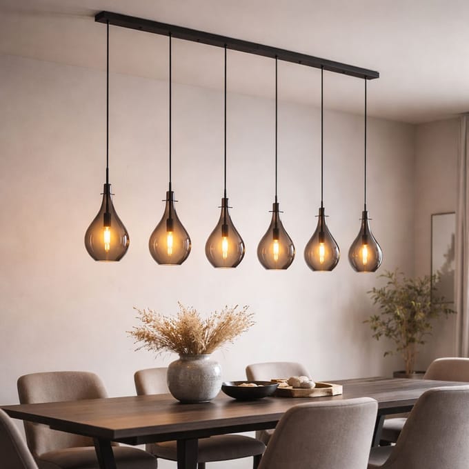 Globo - hanglamp - Oskus - zwart - glas smoke glas - grote eettafellamp - E14 - 15574-6H