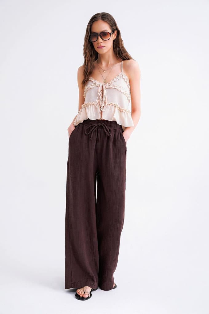 Hoge Taille Textured Mousseline Stof Broek