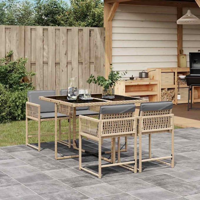 vidaXL - 5-delige - Tuinset - met - kussens - poly - rattan - gemengd - beige