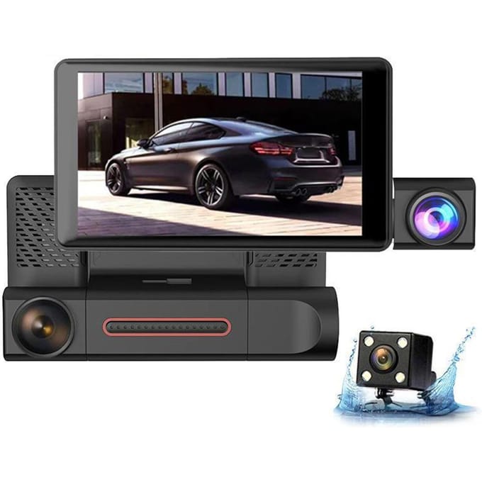 1080P DVR Dashcamera 3-Lens Voor & Binnen & Achtercamera Rijrecorder 4 Inch Scherm Dashcam zwart