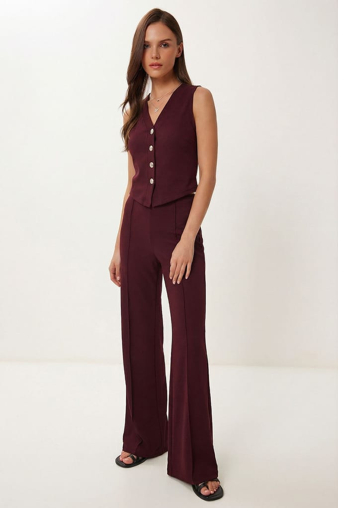 Hoogwaardige Taille V-hals Knopen-up Brede Pijpen Co-ord Set