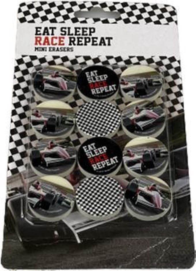 mini gummen met de tekst ''eat sleep race repeat'' - Zwart / Wit - 12 stuks