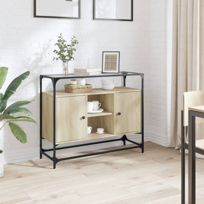 vidaXL - Dressoir - met - glazen - blad - 98x35x81 - cm - hout - sonoma - eikenkleurig