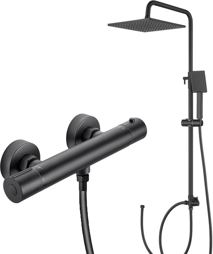DERW Max Doucheset met thermostaatkraan - Regendouche Ø 25,4 cm - Handdouche Ø 8.5 cm - Zwart