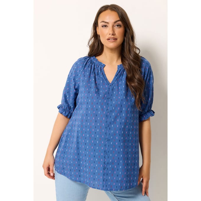 Yours Blauwe Dobby Top Met Ruches Size 42