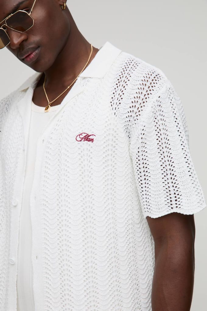 HEREN Oversized Boxy Geborduurd Golvend Gehaakt en Gebreid Overhemd | White | Size Medium
