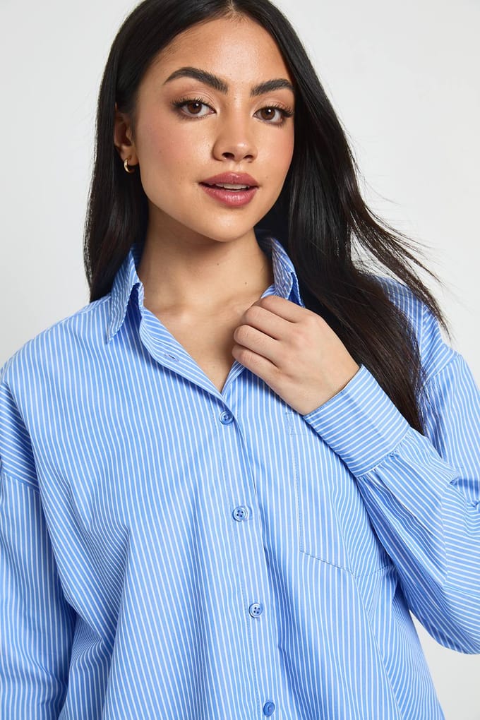 boohoo Dames Gestreept Poplin Oversized Overhemd | Blauw | Maat: 34
