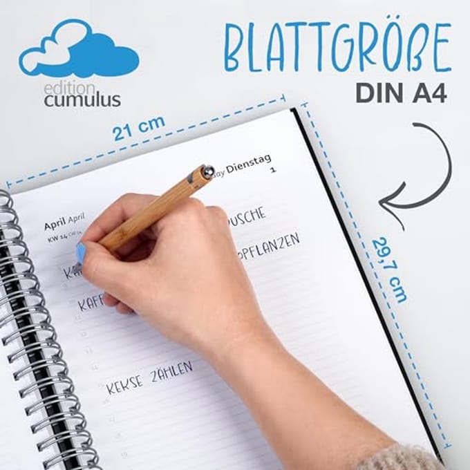 Dagboek en bureaukalender 2025 met spiraalbinding - 1 dag = 1 A4-pagina