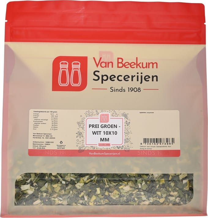 Van Beekum Specerijen - Prei Groen Wit 10x10 mm - 250 Gram (hersluitbare stazak)