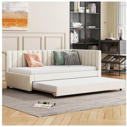 Merax Uitschuifbaar bed 90 x 190/200 cm - fluwelen slaapbank - lattenbodem - beige