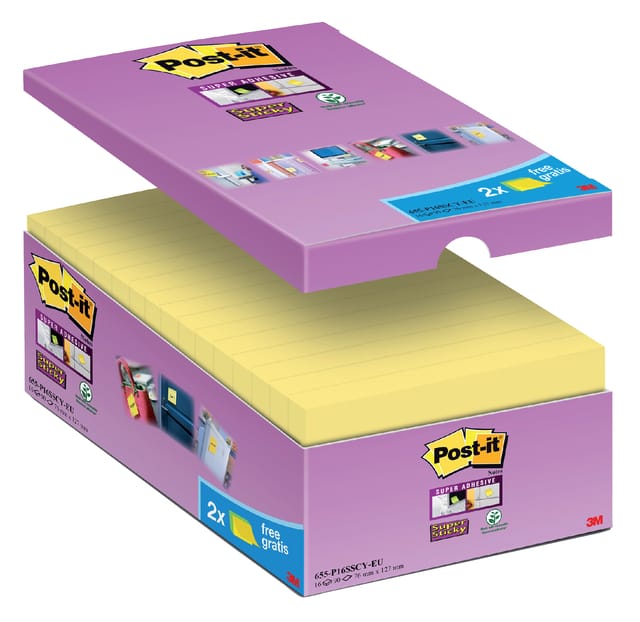 Post-it® Sticky Notes Super Sticky Notes 65516SYP, B 76 x D 127 mm, PEFC® papier, geel, 14 + 2 pads gratis, 90 vellen/pad