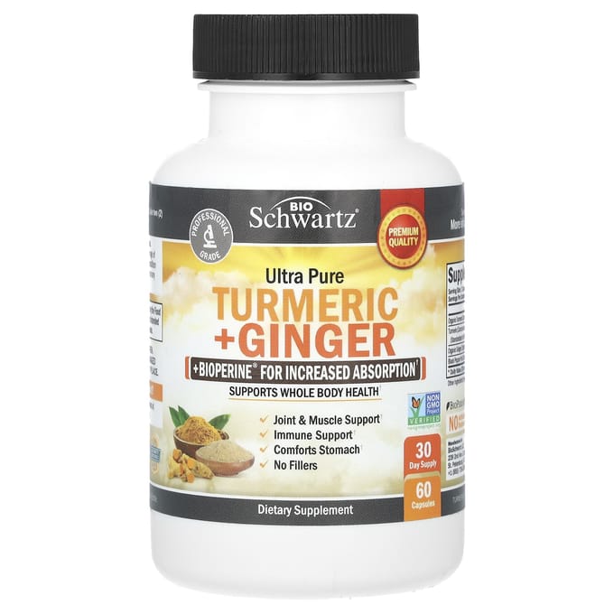 Ultra Zuivere Kurkuma + Gember + Bioperine Verbeterde Opname, 60 Capsules