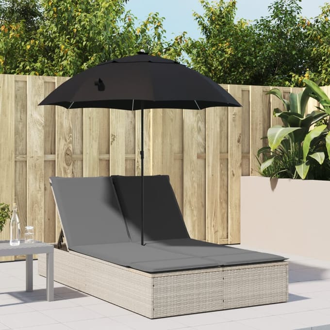 vidaXL - Ligbed - 2-persoons - met - kussens - en - parasol - poly - rattan - lichtgrijs