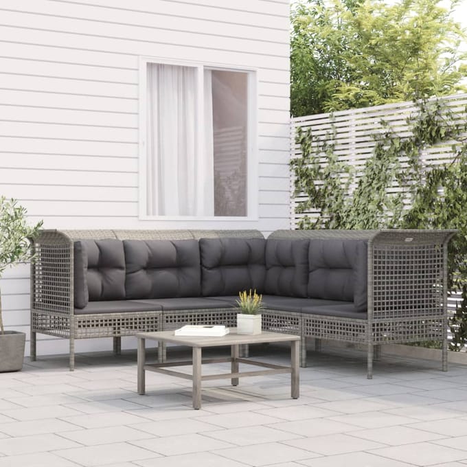 vidaXL - 5-delige - Loungeset - met - kussens - poly - rattan - grijs