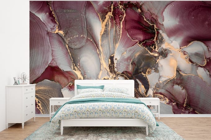 Behang - Fotobehang Goud - Marmer - Paars - Breedte 295 cm x hoogte 220 cm