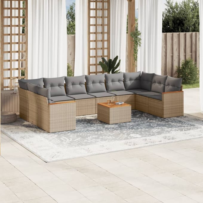 vidaXL - 11-delige - Loungeset - met - kussens - poly - rattan - gemengd - beige