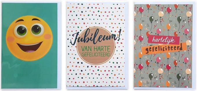 3 Wenskaarten – Jubileum + Van Harte Gefeliciteerd + Smiley - 12 x 17 cm – JUB-302