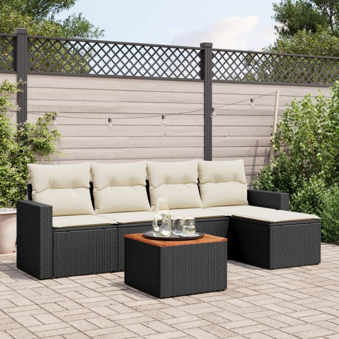 vidaXL - 6-delige - Loungeset - met - kussens - poly - rattan - zwart