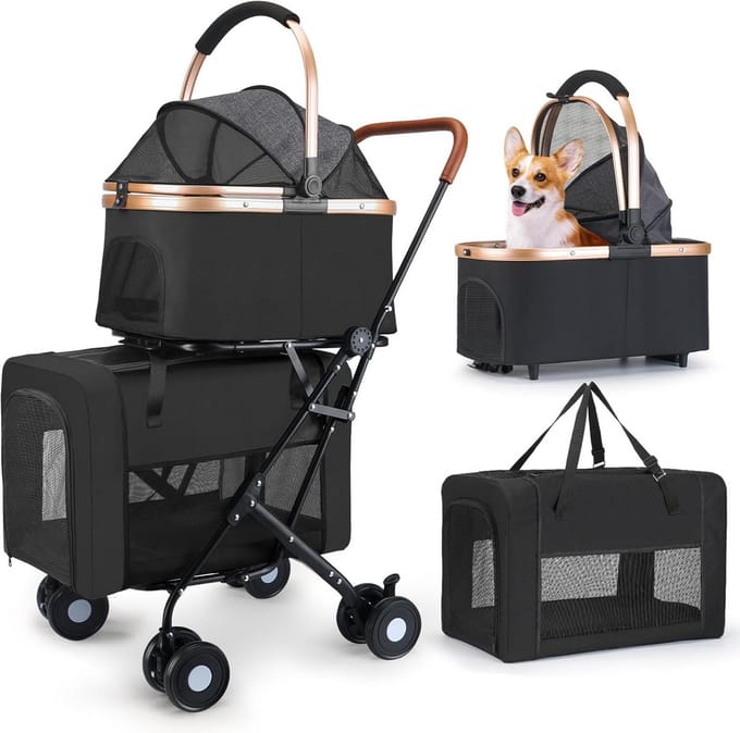 Dubbele Honden- en Kattenwagen: 4-in-1 Reiswagen met Afneembare Dragers