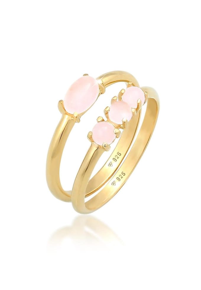 Elli - Ring - Dames Stacking Ring Set Vintage Trend met roze kwarts in 925 Sterling Zilver Verguld - Dames