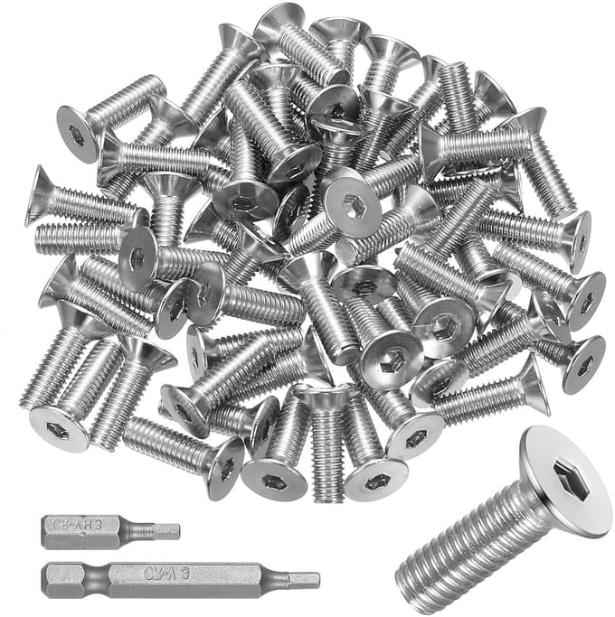 Set van 70 RVS M5 Schroeven met Verzonken Kop, 16 mm, Inclusief 2 Bits voor Hexaansluiting
