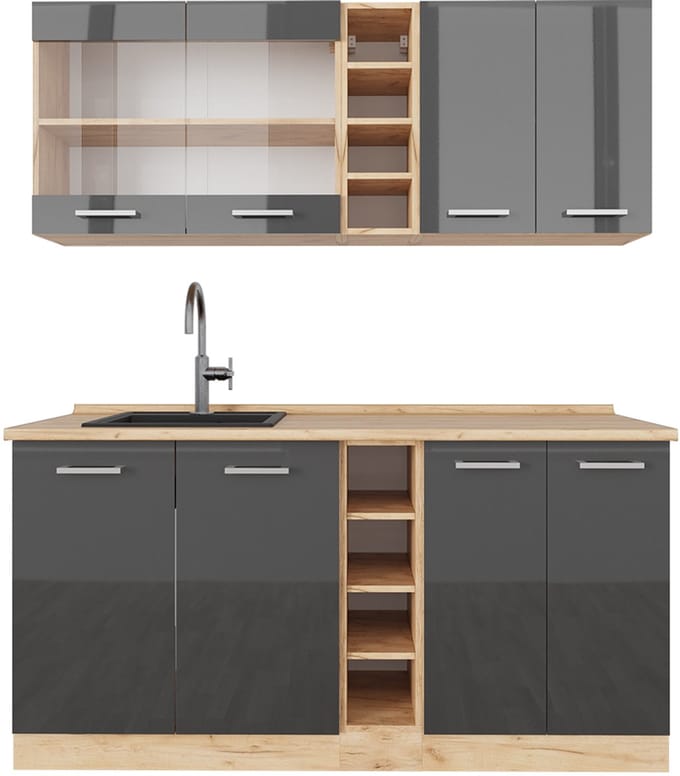Vicco R-Line Eenpersoonskeuken – 160 cm, WB Eik Antraciet hoogglans/goud eiken