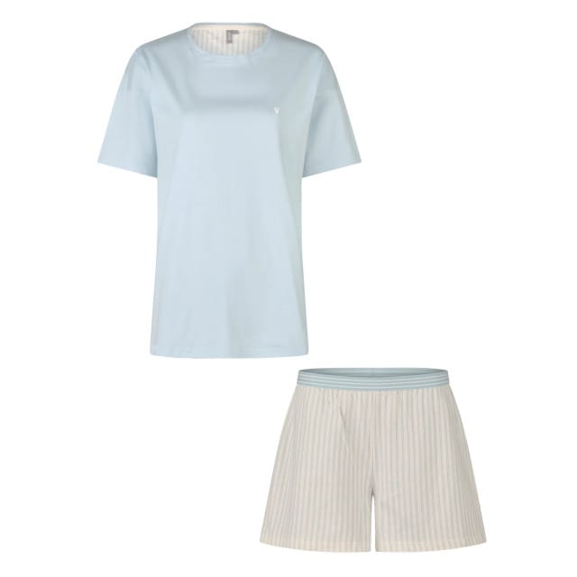 By Louise Dames Korte Pyjama Set Shortama Lichtblauw/Off-White Gestreept - Maat M