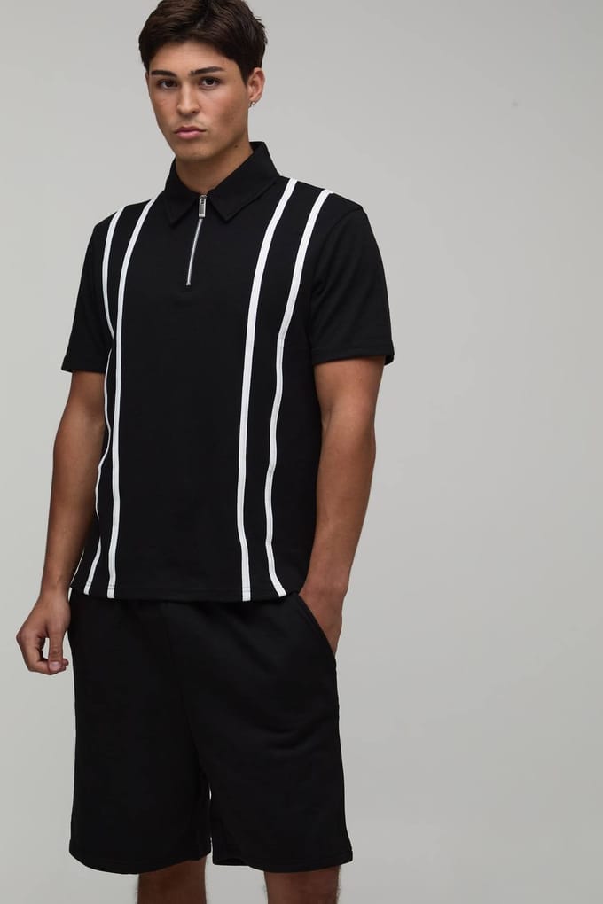 Regular Fit Polo & Jersey Short Set Met Rits En Strepen | Black | Size Medium