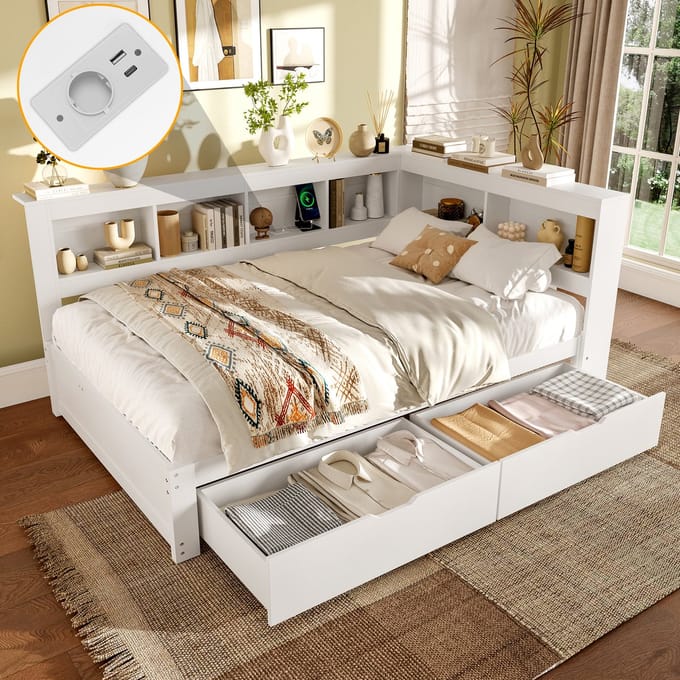 Slaapbank - 140x200 cm - met 2 Laden, USB en Stopcontact - Hout - Wit