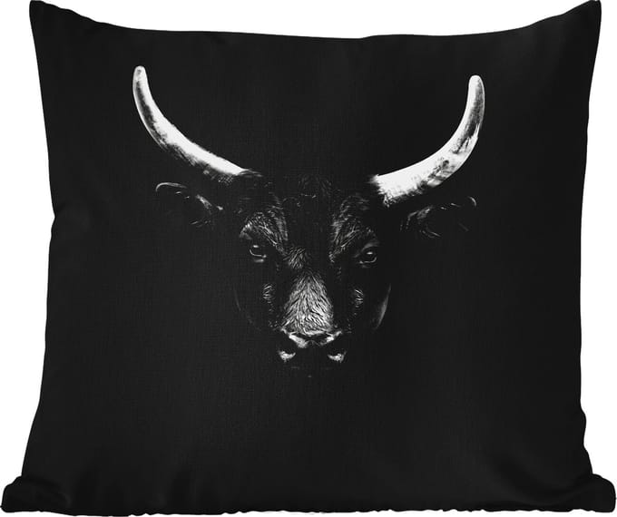 Tuinkussen - Dieren - Stier - Zwart - Wit - Portret - 40x40 cm - Weerbestendig