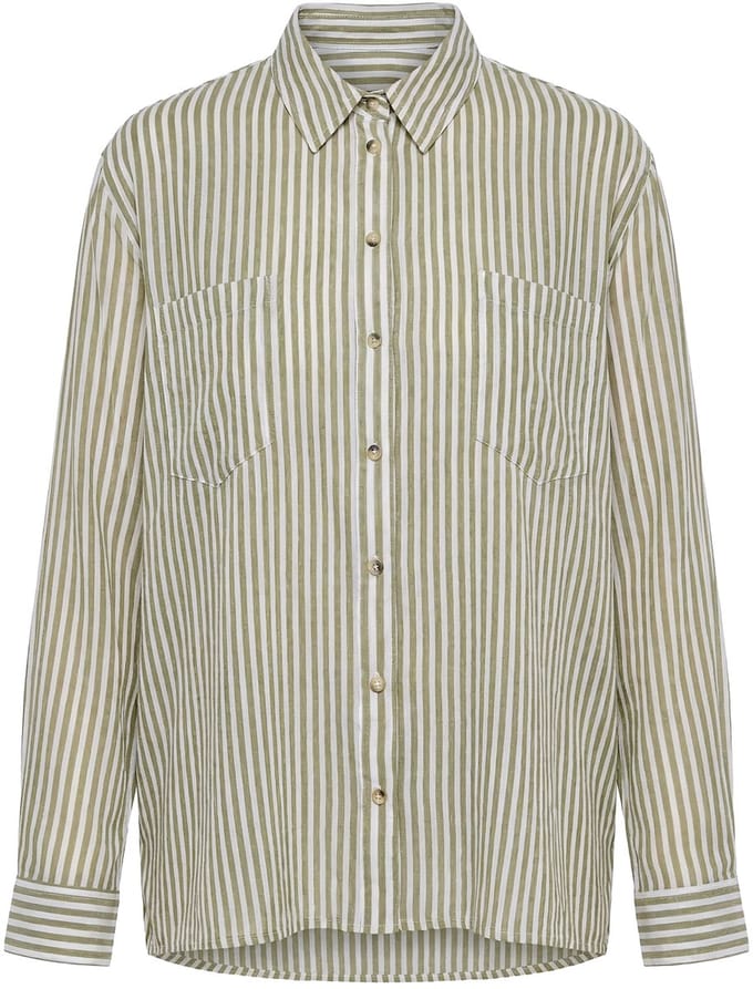 Ulla Popken - Dames - Gestreepte blouse crêpe overhemdkraag lange mouwen - Lichtkaki - Maat 62+