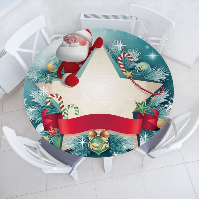 ABAKUHAUS Kerst Elastisch Rond Tafelkleed, Santa Star Sneeuwvlok, Allround Elastisch Tafelkleed, 90 cm - 100 cm, Witrood