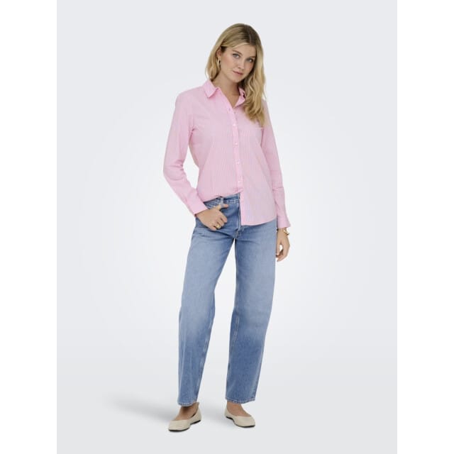 Jacqueline de Yong roze dames blouse   Punt kraag   Regular fit   Streep patroon   Knoopsluiting   Lange mouw Roze 34