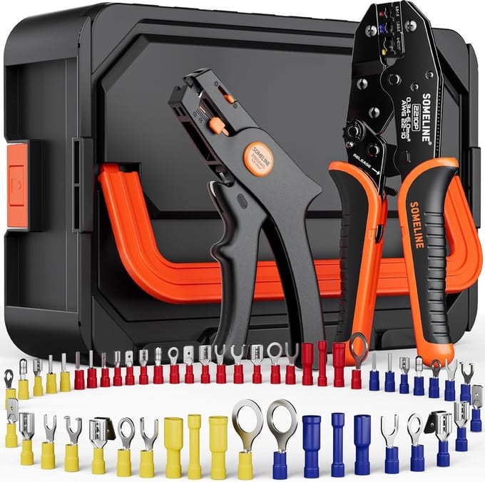 Complete Krimptangenset met 51 Typen Geïsoleerde Kabelschoenen en Professionele Striptang