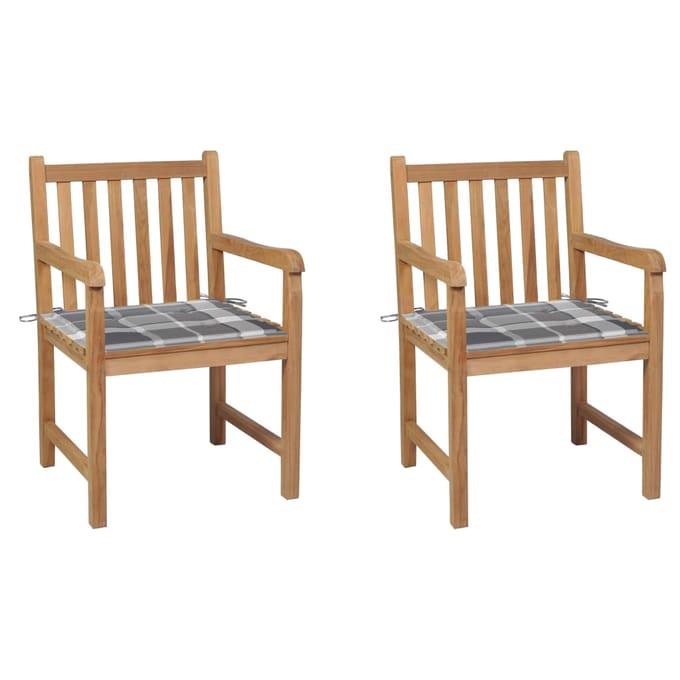 vidaXL - Tuinstoelen - 2 - st - met - grijs - geruite - kussens - massief - teakhout