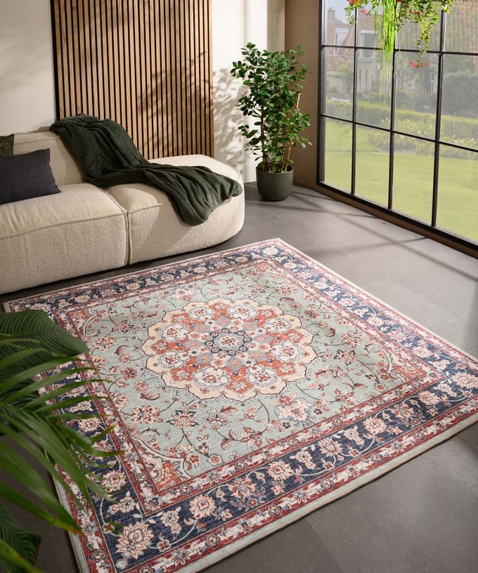 Vintage buitenkleed vierkant - Valenca Nova saliegroen/rood 200x200