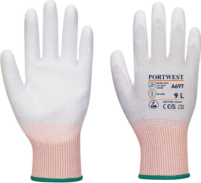 Portwest LR13 ESD PU Palm Handschoen (12 pr) - Grijs/wit - S