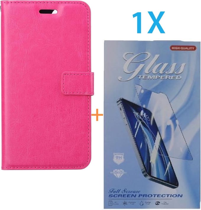 Bookcase Geschikt voor: Apple iPhone 16 Pro - Roze - portemonnee hoesje - + 1X Tempered Glass Screenprotector
