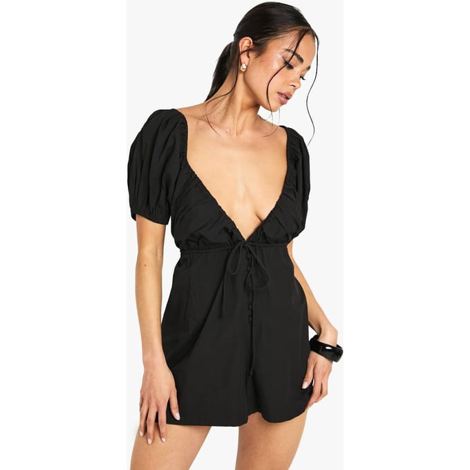 boohoo Dames Cotton Poplin Puff Sleeve Playsuit | Black | Maat: 12