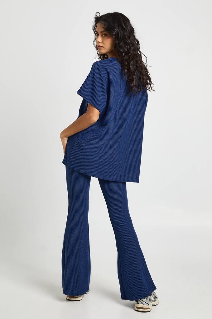 boohoo Dames Tweekleurige Geribbelde Wijd Uitlopende Legging & Top Set | Navy | Maat: 6