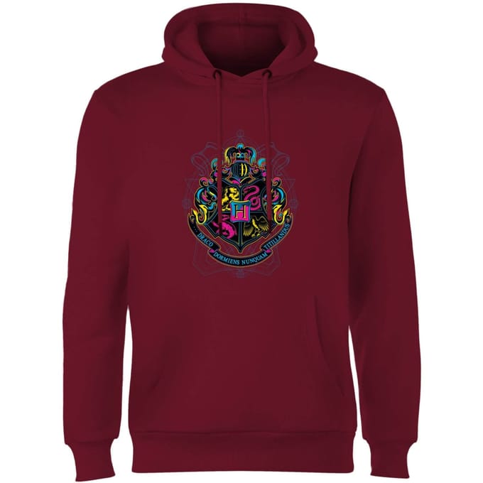 Harry Potter Hogwarts Neon Crest Hoodie - Burgundy - XL
